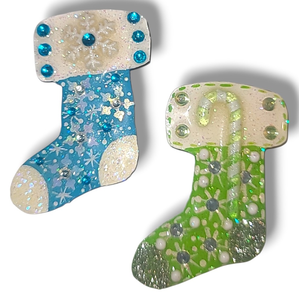 Vintage 1980s Handmade Christmas Stocking Brooch‎ Pins Paper Mache Signed CAJ